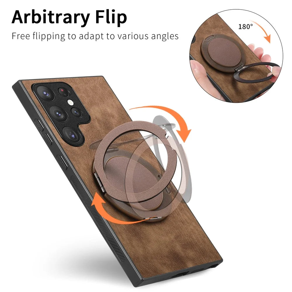For Samsung Galaxy S24 Ultra Phone Case with Rotating Kickstand Stress Relief Retro Leather Back Cover - Brown - 7