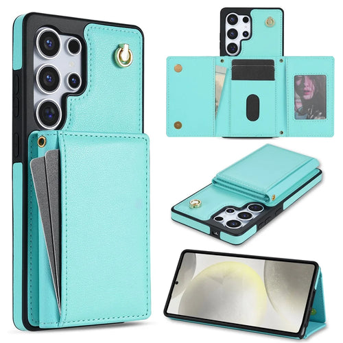 For Samsung Galaxy S25 Ultra Case Tri-Fold Card Holder Kickstand TPU + Leather Back Cover with Shoulder Strap - Green - 1