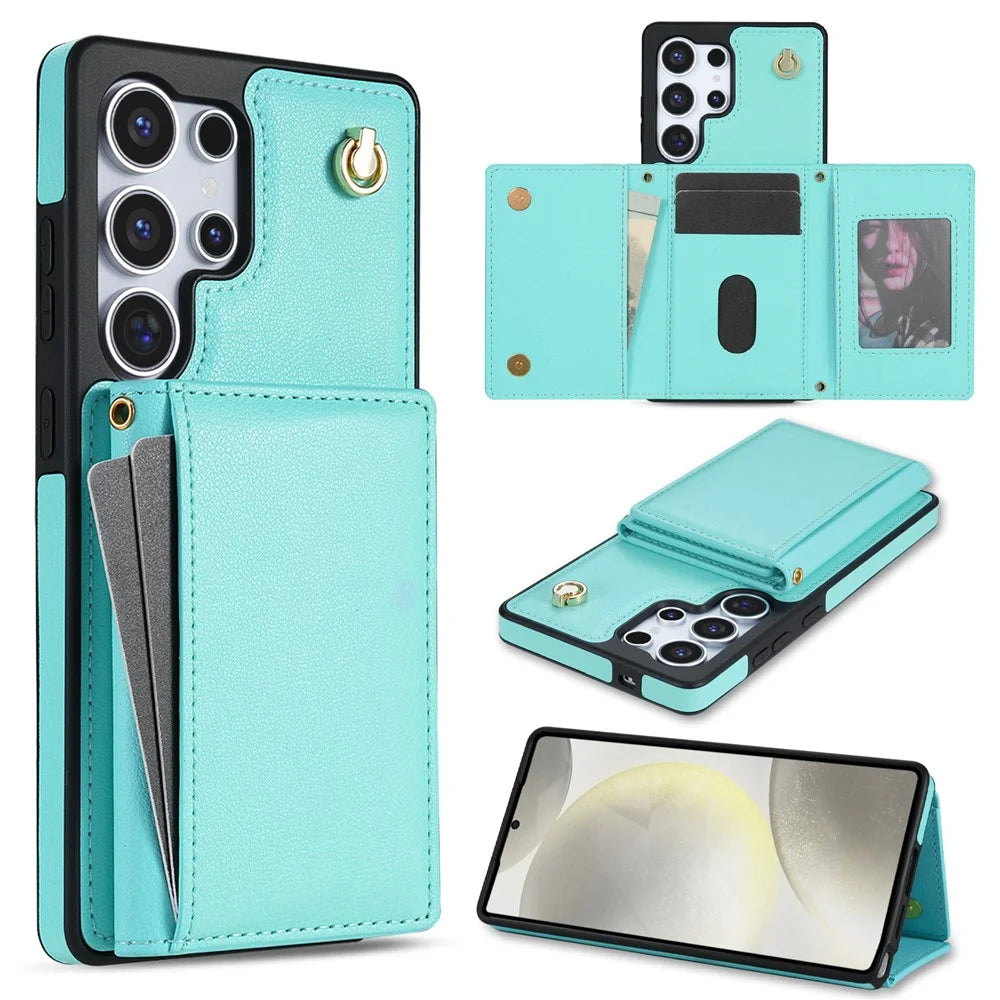 For Samsung Galaxy S25 Ultra Case Tri-Fold Card Holder Kickstand TPU + Leather Back Cover with Shoulder Strap - Green - 1