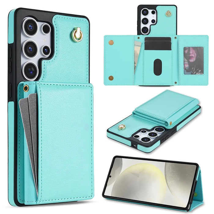 For Samsung Galaxy S25 Ultra Case Tri-Fold Card Holder Kickstand TPU + Leather Back Cover with Shoulder Strap - Green - 1