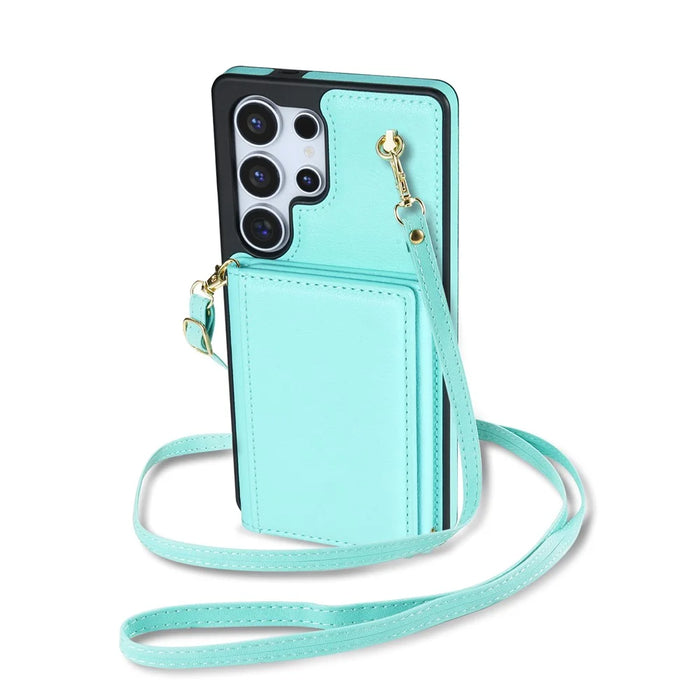 For Samsung Galaxy S25 Ultra Case Tri-Fold Card Holder Kickstand TPU + Leather Back Cover with Shoulder Strap - Green - 2