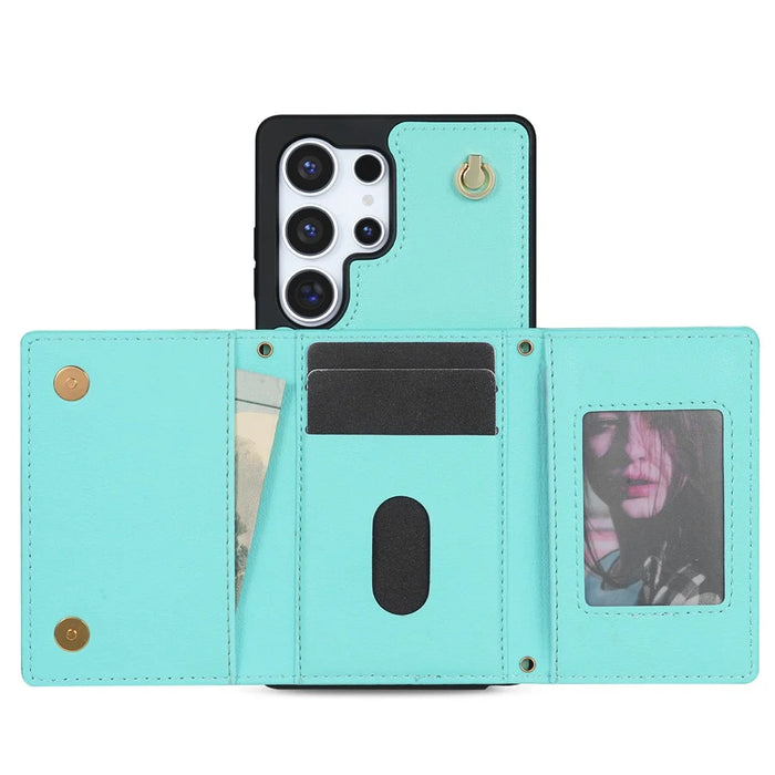 For Samsung Galaxy S25 Ultra Case Tri-Fold Card Holder Kickstand TPU + Leather Back Cover with Shoulder Strap - Green - 3