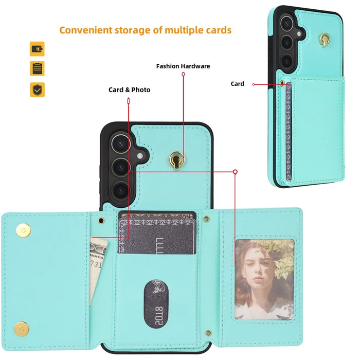 For Samsung Galaxy S25+ Case Tri-Fold Card Holder Kickstand TPU + Leather Back Cover with Shoulder Strap - Green - 5