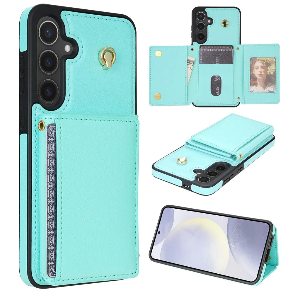 For Samsung Galaxy S25 Case Tri-Fold Card Holder Kickstand TPU + Leather Back Cover with Shoulder Strap - Green - 1