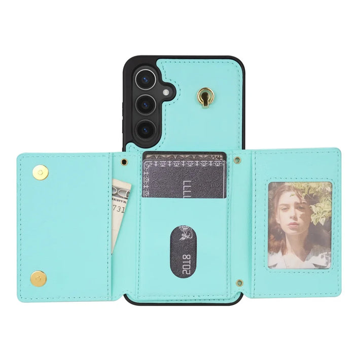 For Samsung Galaxy S25 Case Tri-Fold Card Holder Kickstand TPU + Leather Back Cover with Shoulder Strap - Green - 3