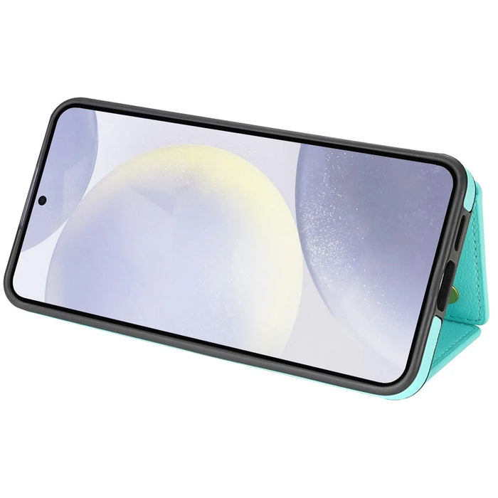 For Samsung Galaxy S25 Case Tri-Fold Card Holder Kickstand TPU + Leather Back Cover with Shoulder Strap - Green - 4