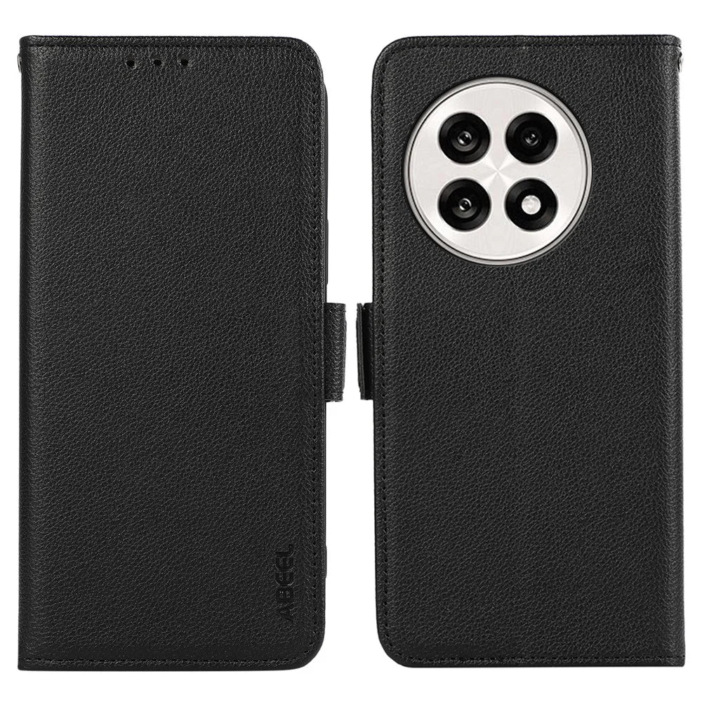 ABEEL Phone Case For OnePlus 13R 5G / Ace 5 5G / Ace 5 Pro 5G Litchi Texture Leather RFID Blocking Cover - Black - 1