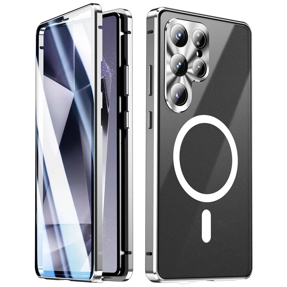 For Samsung Galaxy S25 Ultra Magnetic Case Tempered Glass + Matte PC Phone Cover with Metal Frame - Black - 2