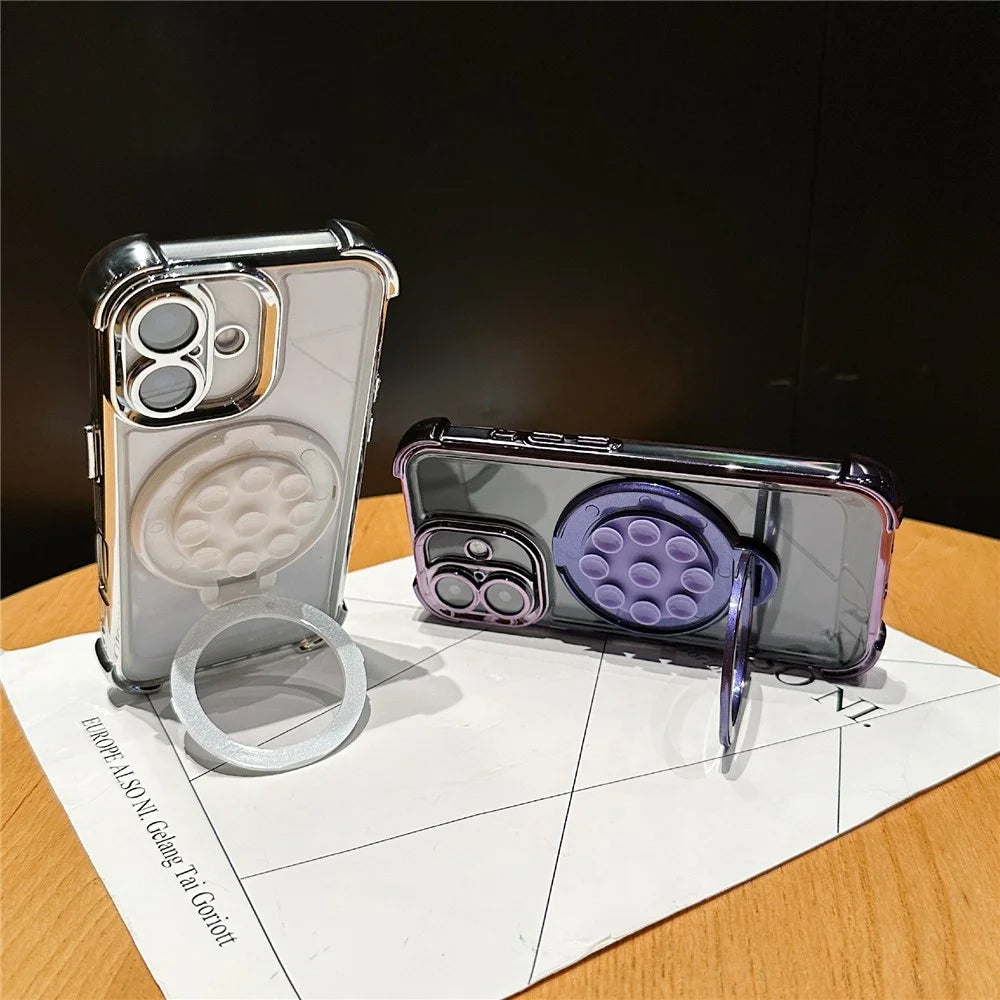 For iPhone 16 Plus Magnetic Case Suction Cup Kickstand PC Phone Cover with Four Corner Airbag - Cyan - 3