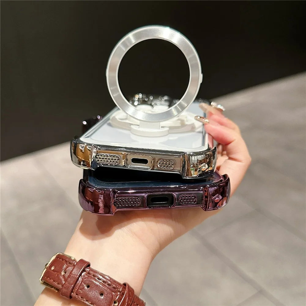 For iPhone 16 Plus Magnetic Case Suction Cup Kickstand PC Phone Cover with Four Corner Airbag - Cyan - 7