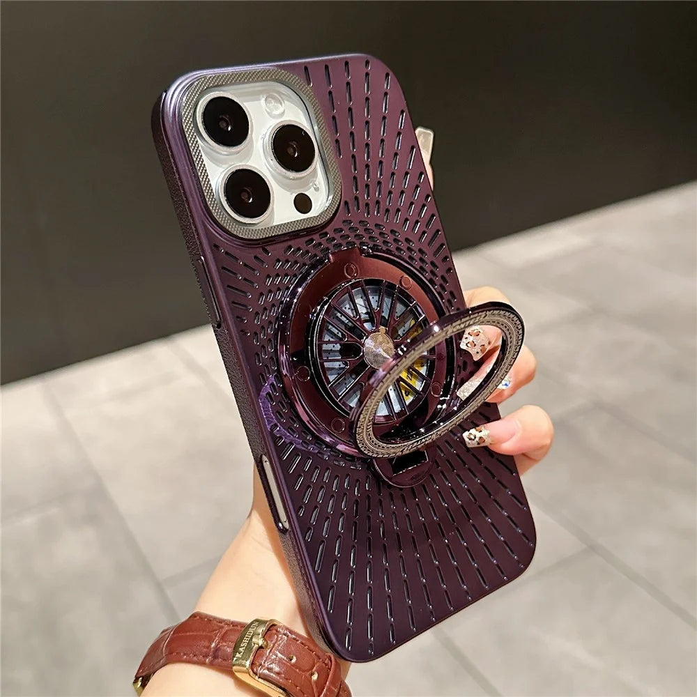 For iPhone 16 Pro Case Compatible with MagSafe Gyroscope Kickstand Heat Dissipation PC Back Cover - Dark Purple - 1