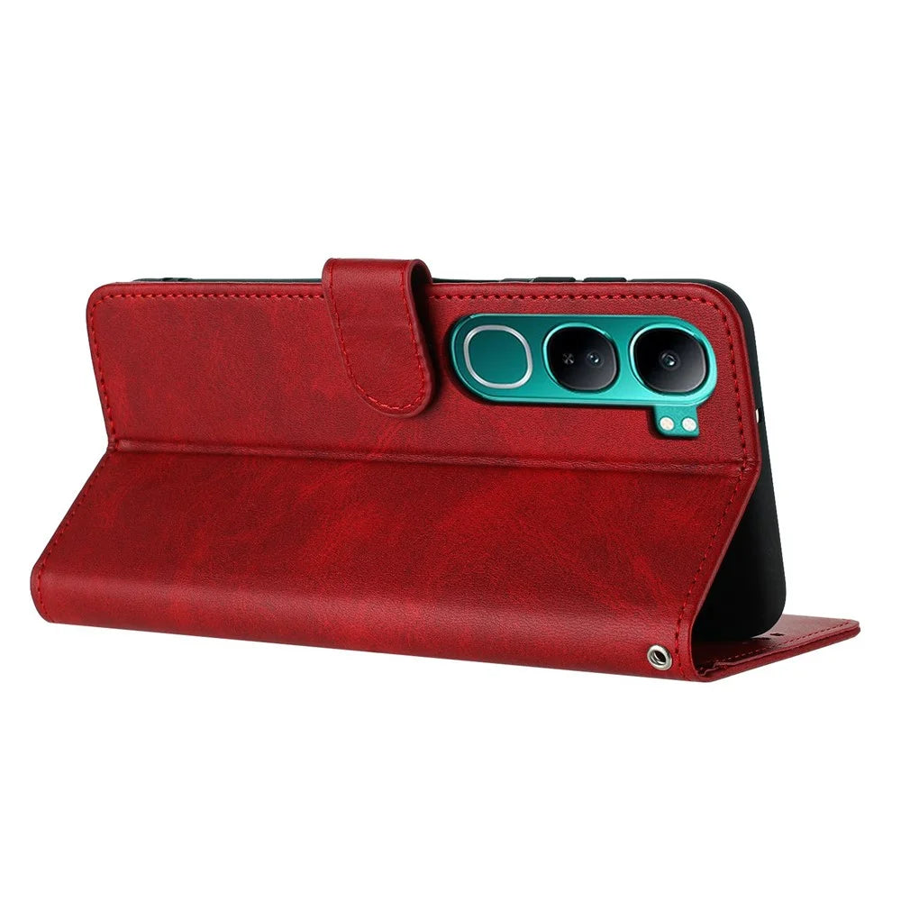 Wallet Case for vivo Y300 5G / V40 Lite (Indonesia) 4G / V40 Lite (Indonesia) 5G / Y200 5G Leather Phone Cover Calf Texture - Red - 3