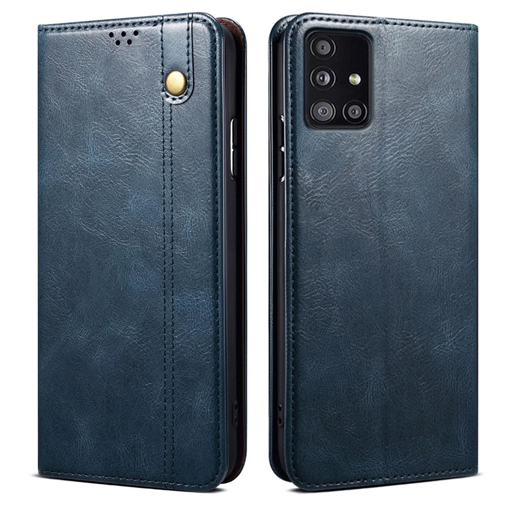 For Samsung Galaxy A51 5G Case Crazy Horse Texture Waxy Leather Wallet Stand Phone Cover - Blue - 1