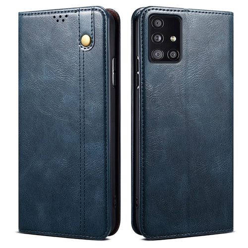 For Samsung Galaxy A51 5G Case Crazy Horse Texture Waxy Leather Wallet Stand Phone Cover - Blue - 1