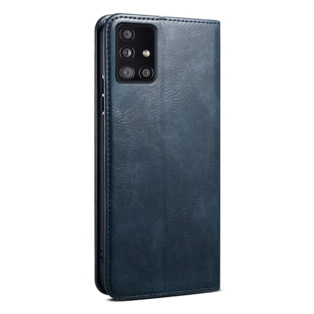 For Samsung Galaxy A51 5G Case Crazy Horse Texture Waxy Leather Wallet Stand Phone Cover - Blue - 6