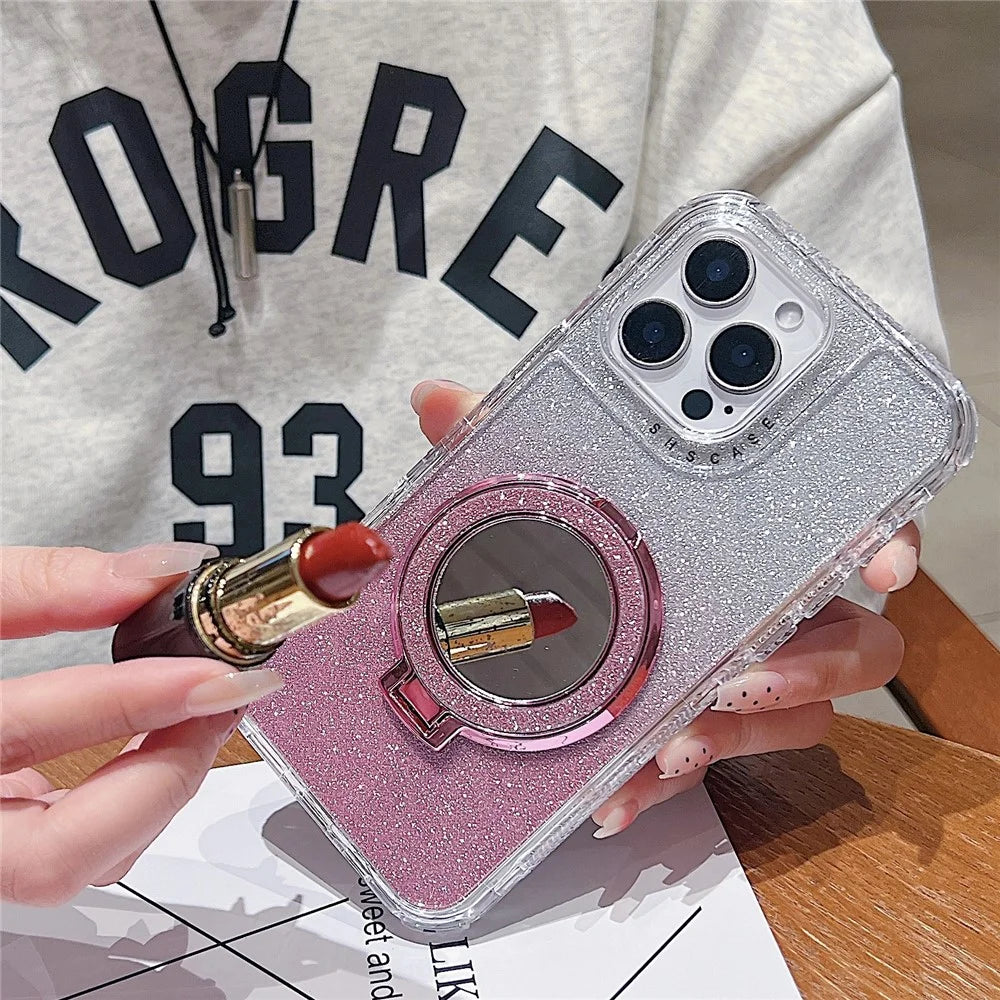 For iPhone 16 Pro Case Magnetic Kickstand TPU + PC Glitter Phone Cover with Mirror - Pink - 4