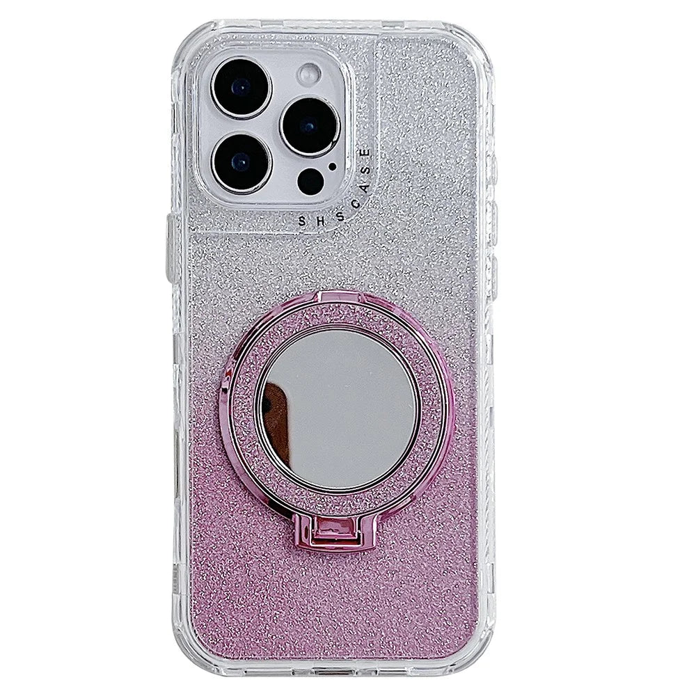 For iPhone 16 Pro Max Case Magnetic Kickstand TPU + PC Glitter Phone Cover with Mirror - Pink - 1