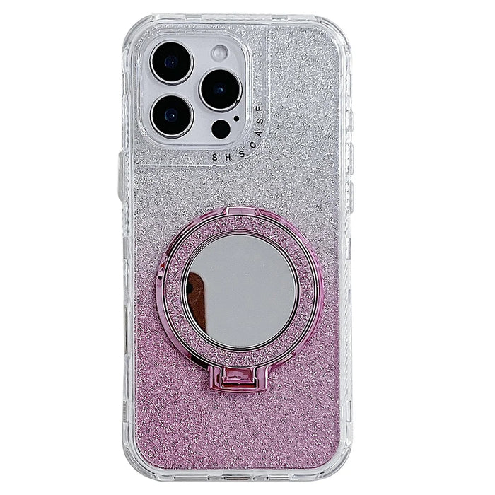 For iPhone 16 Pro Max Case Magnetic Kickstand TPU + PC Glitter Phone Cover with Mirror - Pink - 1