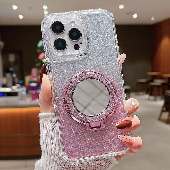 For iPhone 16 Pro Max Case Magnetic Kickstand TPU + PC Glitter Phone Cover with Mirror - Pink - 2