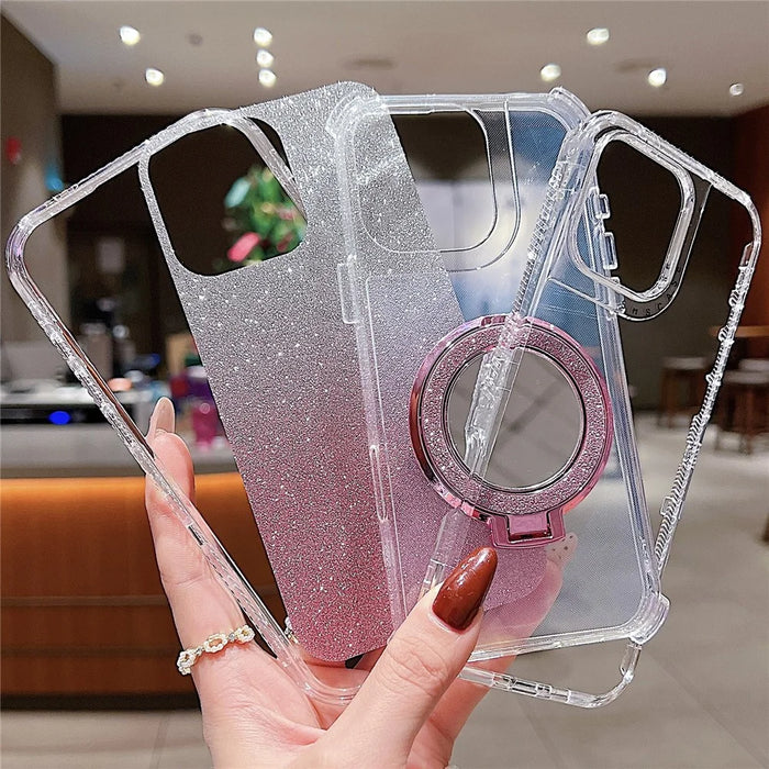 For iPhone 16 Pro Max Case Magnetic Kickstand TPU + PC Glitter Phone Cover with Mirror - Pink - 5