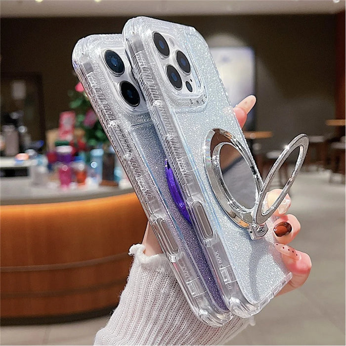 For iPhone 16 Pro Max Case Magnetic Kickstand TPU + PC Glitter Phone Cover with Mirror - Pink - 6