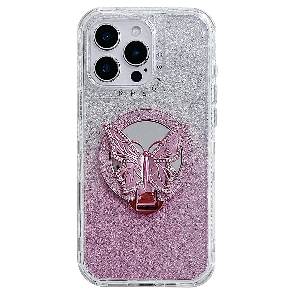 For iPhone 16 Pro Magnetic Case Butterfly Kickstand TPU + PC Glitter Phone Cover with Mirror - Pink - 1
