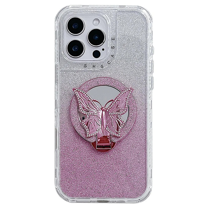 For iPhone 16 Pro Magnetic Case Butterfly Kickstand TPU + PC Glitter Phone Cover with Mirror - Pink - 1