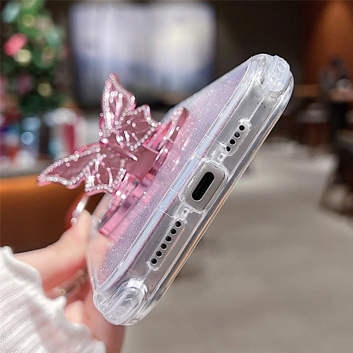 For iPhone 16 Pro Magnetic Case Butterfly Kickstand TPU + PC Glitter Phone Cover with Mirror - Pink - 7