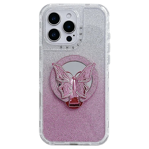 For iPhone 16 Pro Max Magnetic Case Butterfly Kickstand TPU + PC Glitter Phone Cover with Mirror - Pink - 1