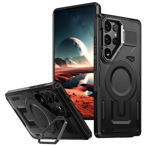 For Samsung Galaxy S25 Ultra Magnetic Case Hollow Lens Frame Kickstand PC + TPU Phone Cover - Black - 1