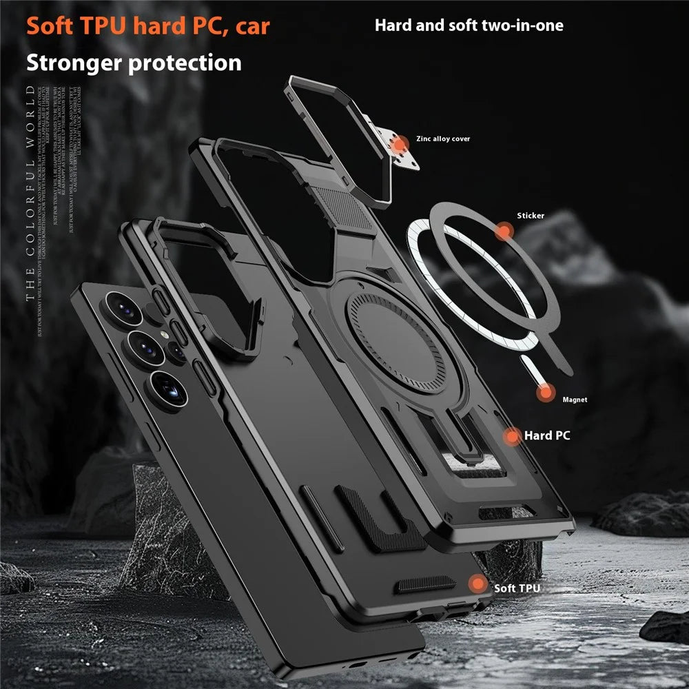 For Samsung Galaxy S25 Ultra Magnetic Case Hollow Lens Frame Kickstand PC + TPU Phone Cover - Black - 4