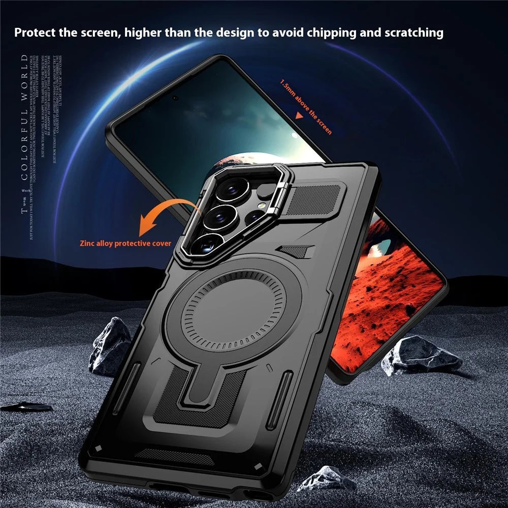 For Samsung Galaxy S25 Ultra Magnetic Case Hollow Lens Frame Kickstand PC + TPU Phone Cover - Black - 5