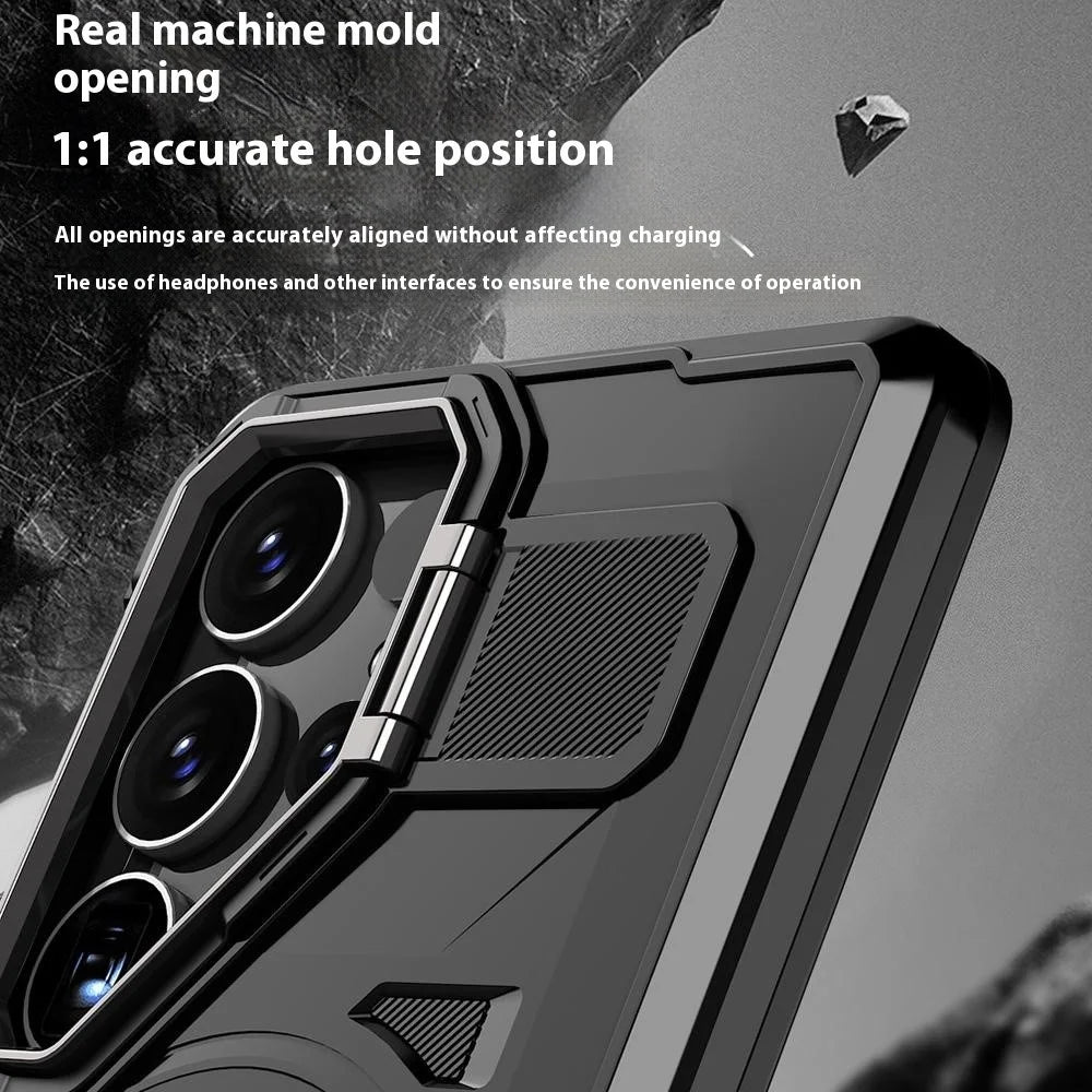 For Samsung Galaxy S25 Ultra Magnetic Case Hollow Lens Frame Kickstand PC + TPU Phone Cover - Black - 6