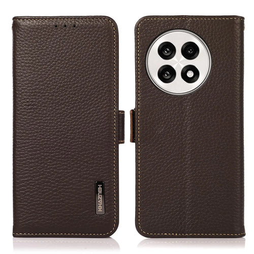 KHAZNEH Phone Case for OnePlus 13R 5G / Ace 5 5G / Ace 5 Pro 5G Genuine Cow Leather Cover RFID Blocking - Brown - 1