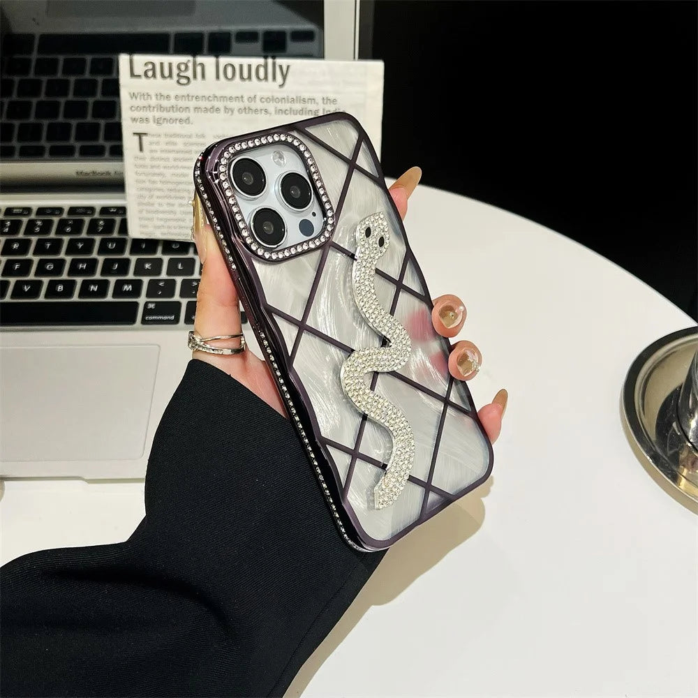 For iPhone 15 Pro Max Case Snake Rhinestones Decor TPU Phone Cover with Luster Card Paper Rhombic Pattern - Purple - 1