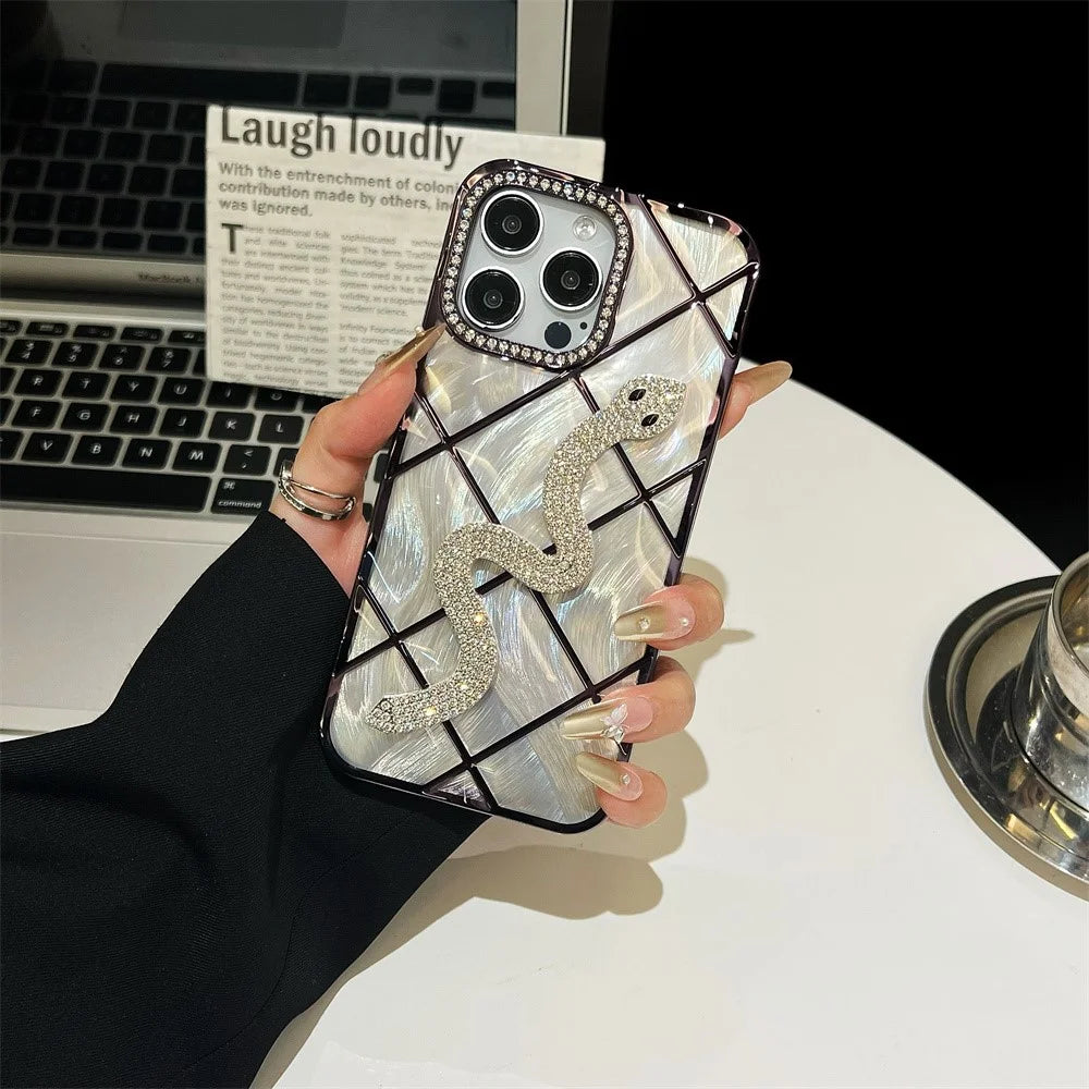 For iPhone 15 Pro Max Case Snake Rhinestones Decor TPU Phone Cover with Luster Card Paper Rhombic Pattern - Purple - 2