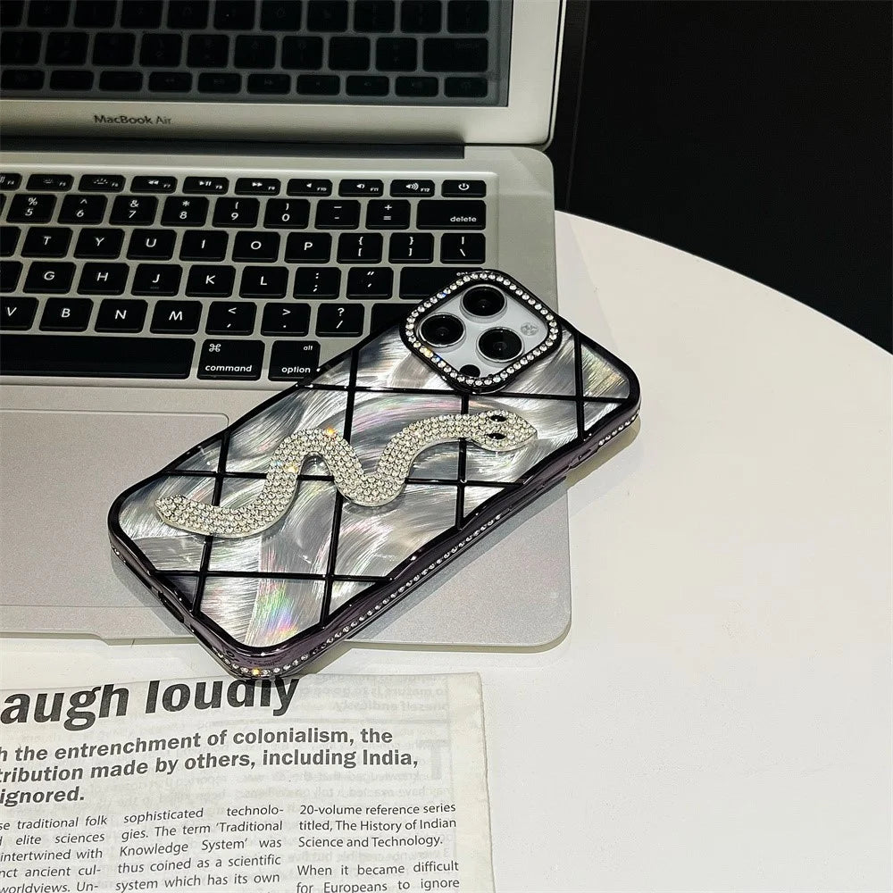 For iPhone 15 Pro Max Case Snake Rhinestones Decor TPU Phone Cover with Luster Card Paper Rhombic Pattern - Purple - 4