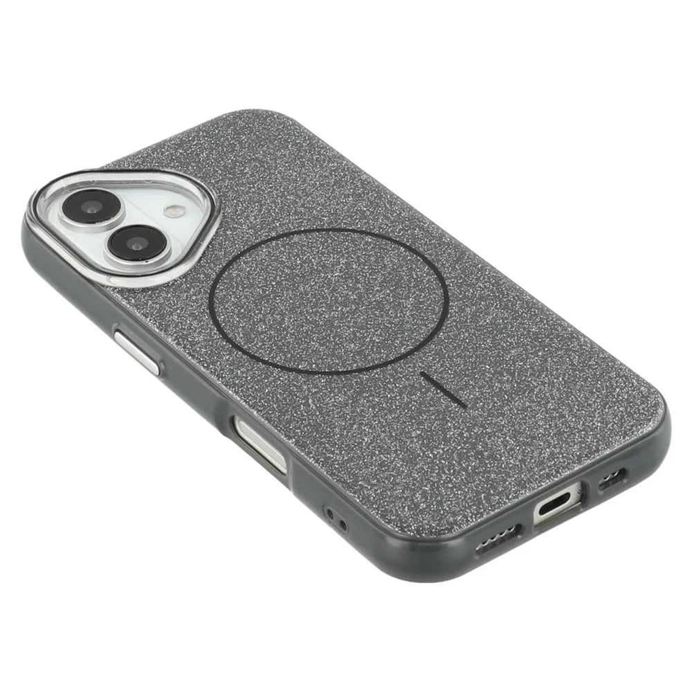 For iPhone 16 Case Compatible with MagSafe Glitter Design IMD TPU + PC Phone Back Cover - Black - 6