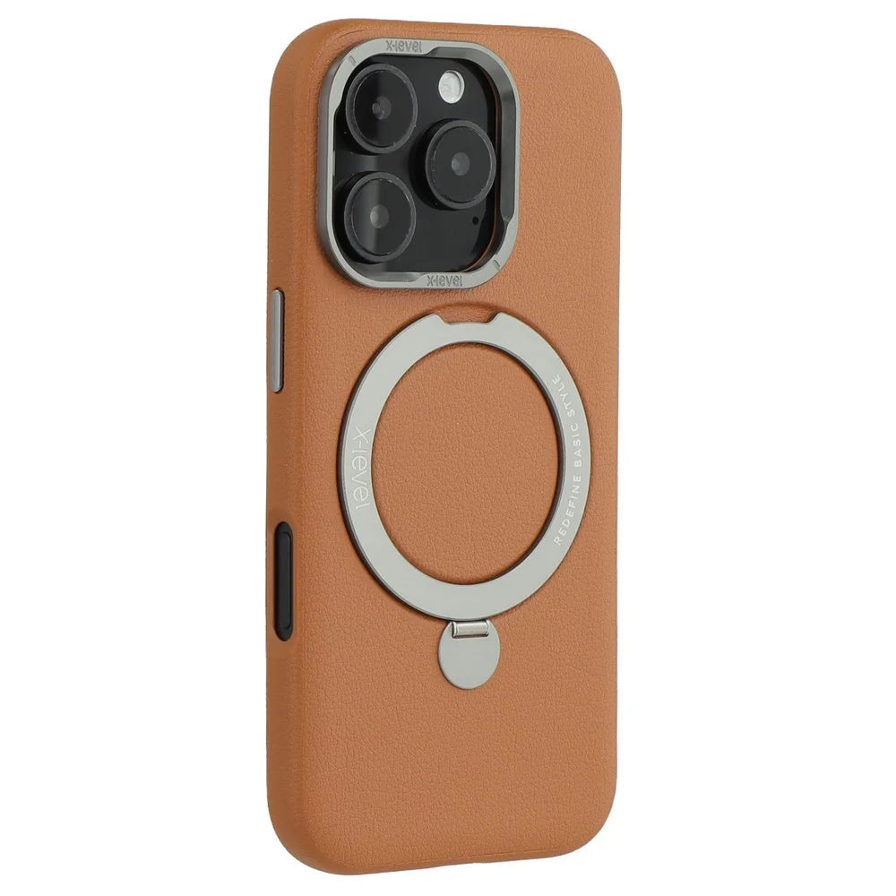 X-LEVEL For iPhone 16 Pro Max Magnetic Case Kickstand PC + PU Phone Back Cover - Brown - 1