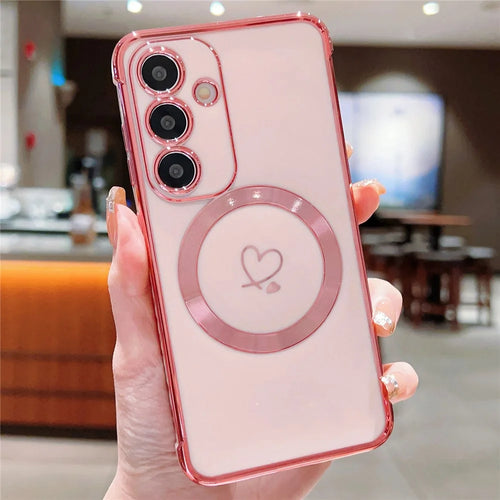 For Samsung Galaxy S24 FE Magnetic Case Electroplated TPU Phone Cover Hollow Love Hearts - Rose Pink - 1
