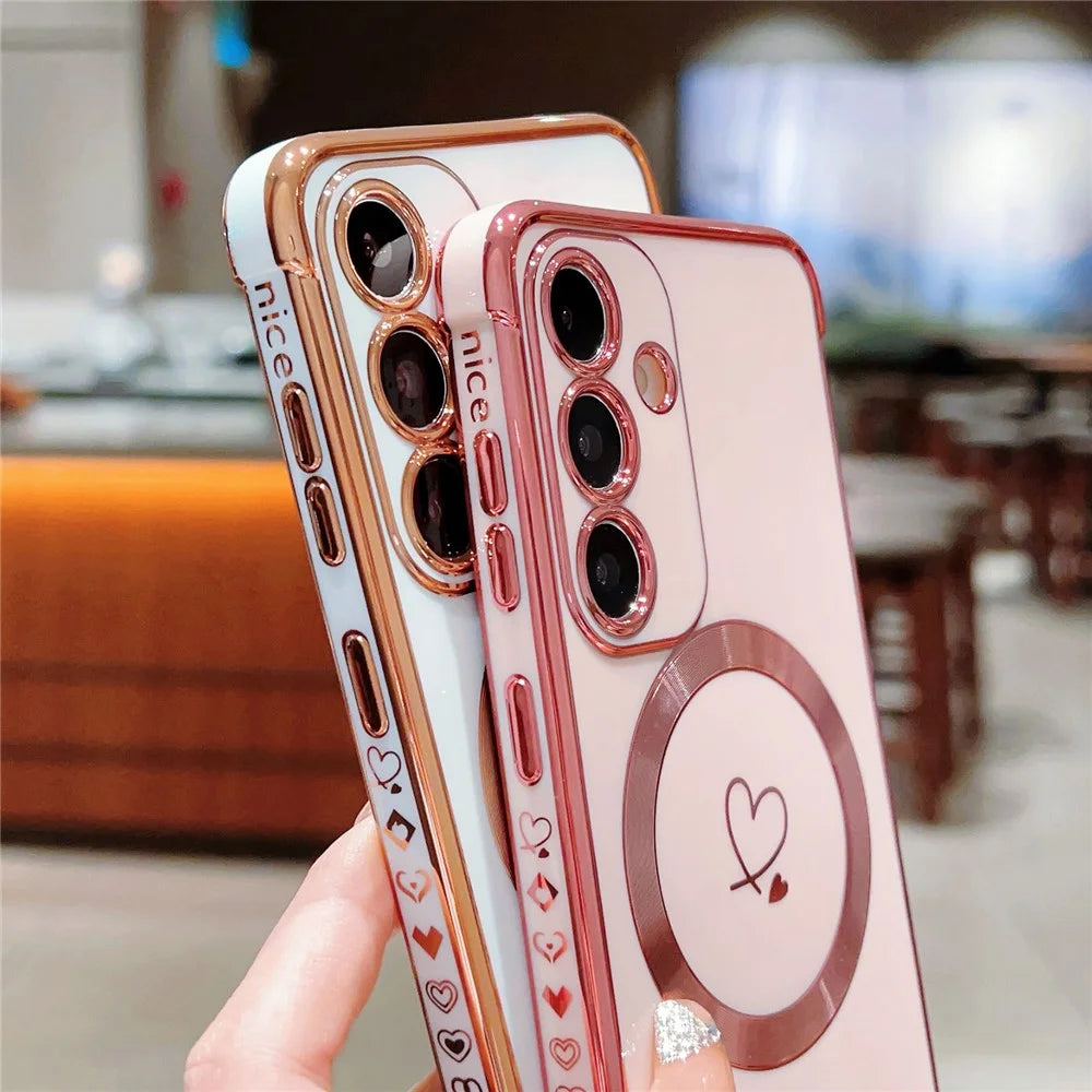 For Samsung Galaxy S24 FE Magnetic Case Electroplated TPU Phone Cover Hollow Love Hearts - Rose Pink - 4