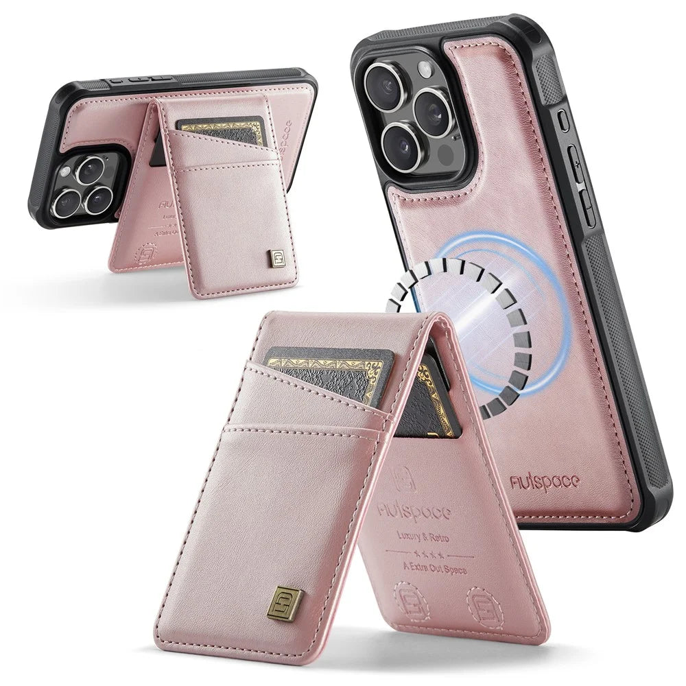 AUTSPACE For iPhone 16 Pro Max Case  A12 Leather Back Cover with Magnetic Detachable Card Bag Kickstand - Rose Gold - 1