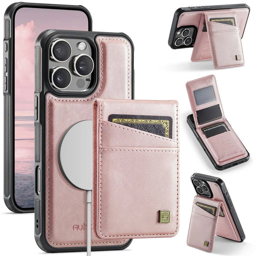 AUTSPACE For iPhone 16 Pro Max Case  A12 Leather Back Cover with Magnetic Detachable Card Bag Kickstand - Rose Gold - 2