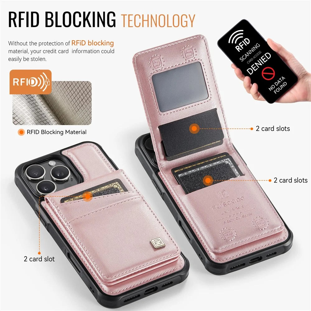 AUTSPACE For iPhone 16 Pro Max Case  A12 Leather Back Cover with Magnetic Detachable Card Bag Kickstand - Rose Gold - 5