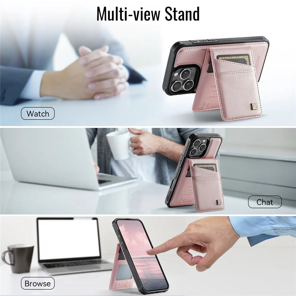 AUTSPACE For iPhone 16 Pro Max Case  A12 Leather Back Cover with Magnetic Detachable Card Bag Kickstand - Rose Gold - 6