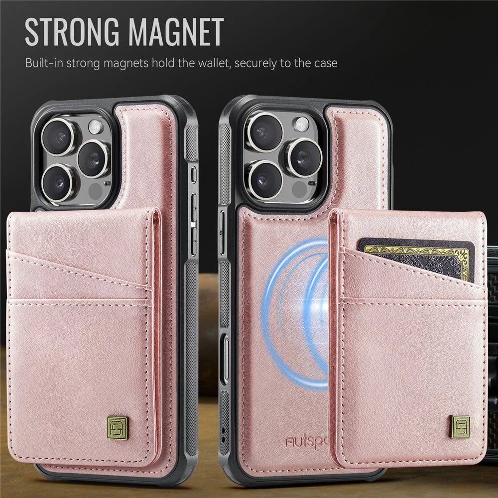 AUTSPACE For iPhone 16 Pro Max Case  A12 Leather Back Cover with Magnetic Detachable Card Bag Kickstand - Rose Gold - 7