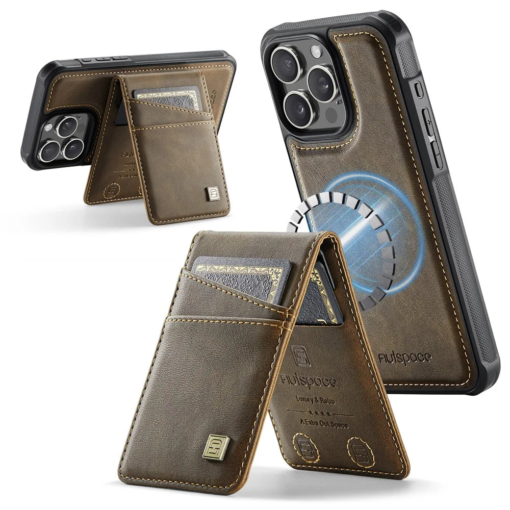 AUTSPACE For iPhone 16 Pro Case  A12 Leather Back Cover with Magnetic Detachable Card Bag Kickstand - Coffee - 1