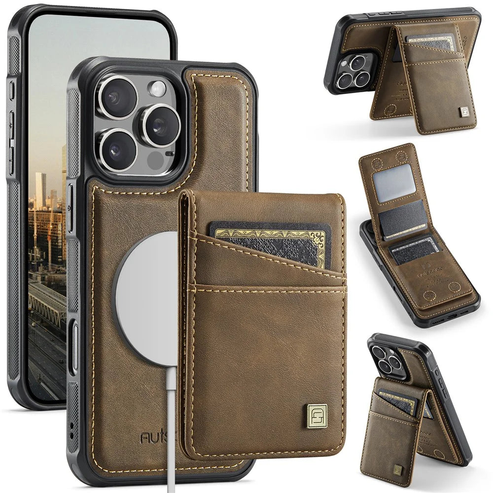 AUTSPACE For iPhone 16 Pro Case  A12 Leather Back Cover with Magnetic Detachable Card Bag Kickstand - Coffee - 2