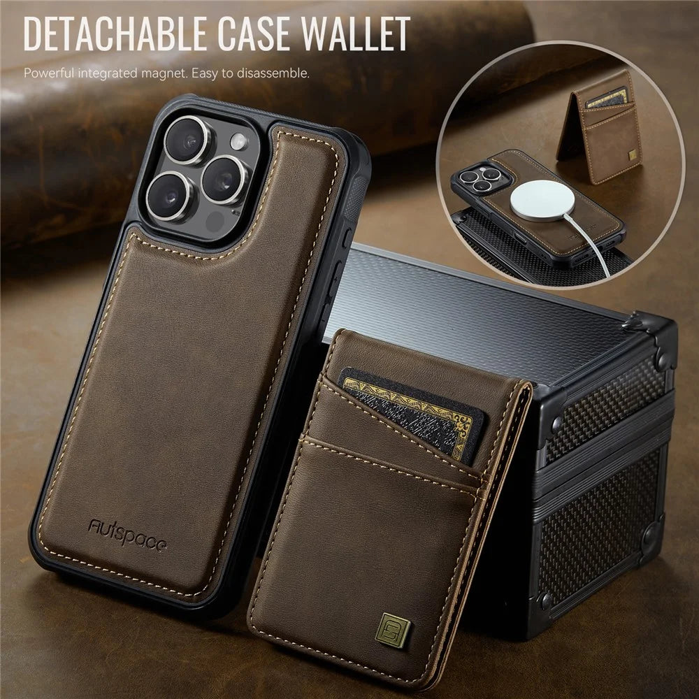 AUTSPACE For iPhone 16 Pro Case  A12 Leather Back Cover with Magnetic Detachable Card Bag Kickstand - Coffee - 4
