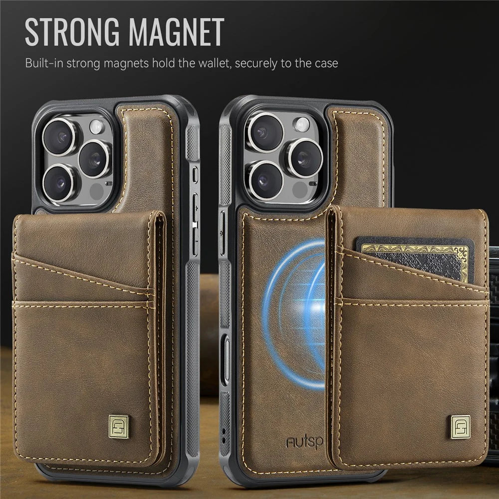 AUTSPACE For iPhone 16 Pro Case  A12 Leather Back Cover with Magnetic Detachable Card Bag Kickstand - Coffee - 7